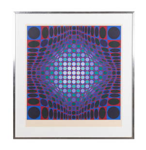 VICTOR VASARELY, 'OND FIRE' FRAMED SERIGRAPH: Victor Vasarely (French / Hungarian 1906-1997), 'Ond Fire', circa 1975, color serigraph on paper, pencil signed to lower right and numbered 194/250, framed. Provenance: From the Private Collection of