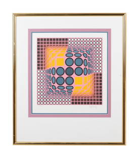 VASARELY 'COMPOSITION IN MAUVE' OP ART SERIGRAPH: Victor Vasarely (Hungarian / French 1906-1997), 'Composition in Mauve', color serigraph on paper with geometric shapes in a square form, pencil signed to lower right and numbered 133/300 to lower left