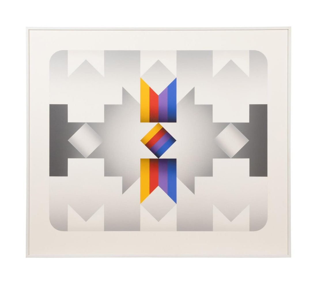 MARKO SPALATIN 'SENSOR 2000' GEOMETRIC OP ART A/C: Marko Spalatin (American b. 1945), 'Sensor 2000', acrylic on canvas depicting geometric shapes in color and gray tones, signed and tiled en verso, framed. Provenance: From the Private Collection of Sa