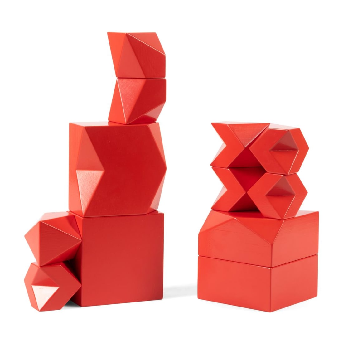 MARKO SPALATIN RED INTERACTIVE SCULPTURE: Marko Spalatin (Croatian/ American b. 1945), red interactive sculpture, composed of 12 red enameled wooden, three dimensional shapes that can be arranged in a myriad of compositions, apparently unsign