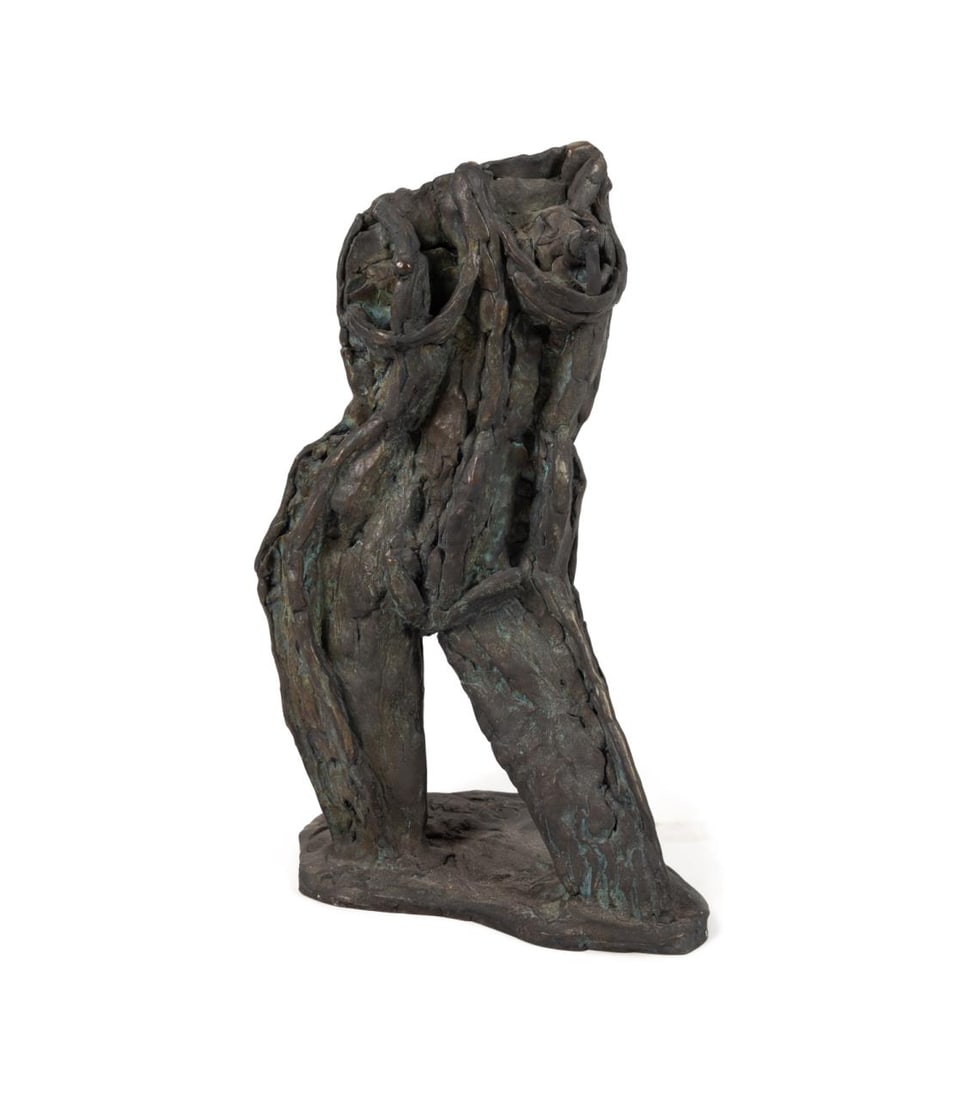 LARRY MOHR 'GITA' BRONZE ABSTRACT NUDE: Larry Mohr (American / New York 1921-2013), 'Gita' brutalist style patinated bronze sculpture of a nude female torso, signed and titled to back of base. Approximate dimensions: h. 14.5", w. 9", d. 5.7