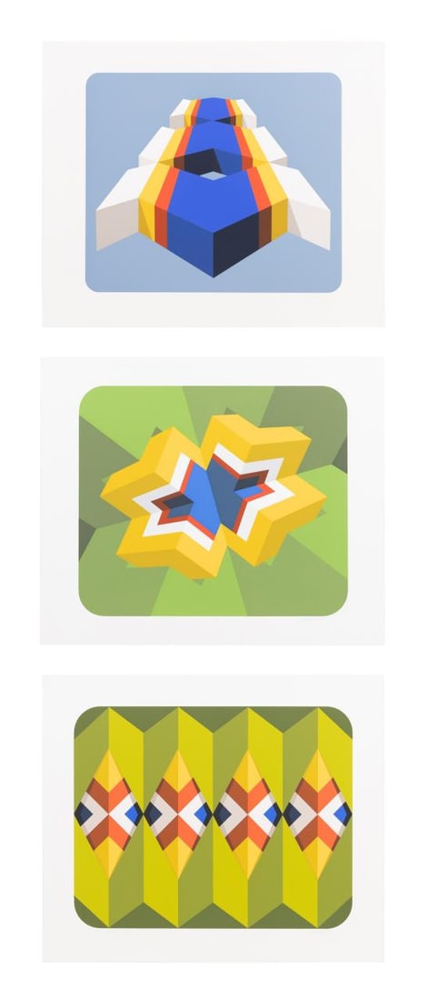 3 VARIOUS MARKO SPALATIN UNFRAMED OP ART PRINTS,: Marko Spalatin (American b. 1945) ,three op art color serigraphs comprising 'Trygon III', pencil signed to lower right, numbered A/P to center and titled to lower left; 'Parnasos VIII' pencil signed t