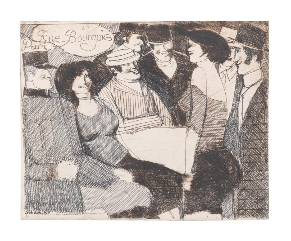 DAVID SCHNEUER 'RUE BOURGOIS, PARIS' INK/PAPER: David Schneuer (Israeli 1905-1987), 'Rue Bourgois, Paris', 1986, ink on paper, depicting several people seated around a table in conversation, signed to lower left, inscribed, illustrated, signed and
