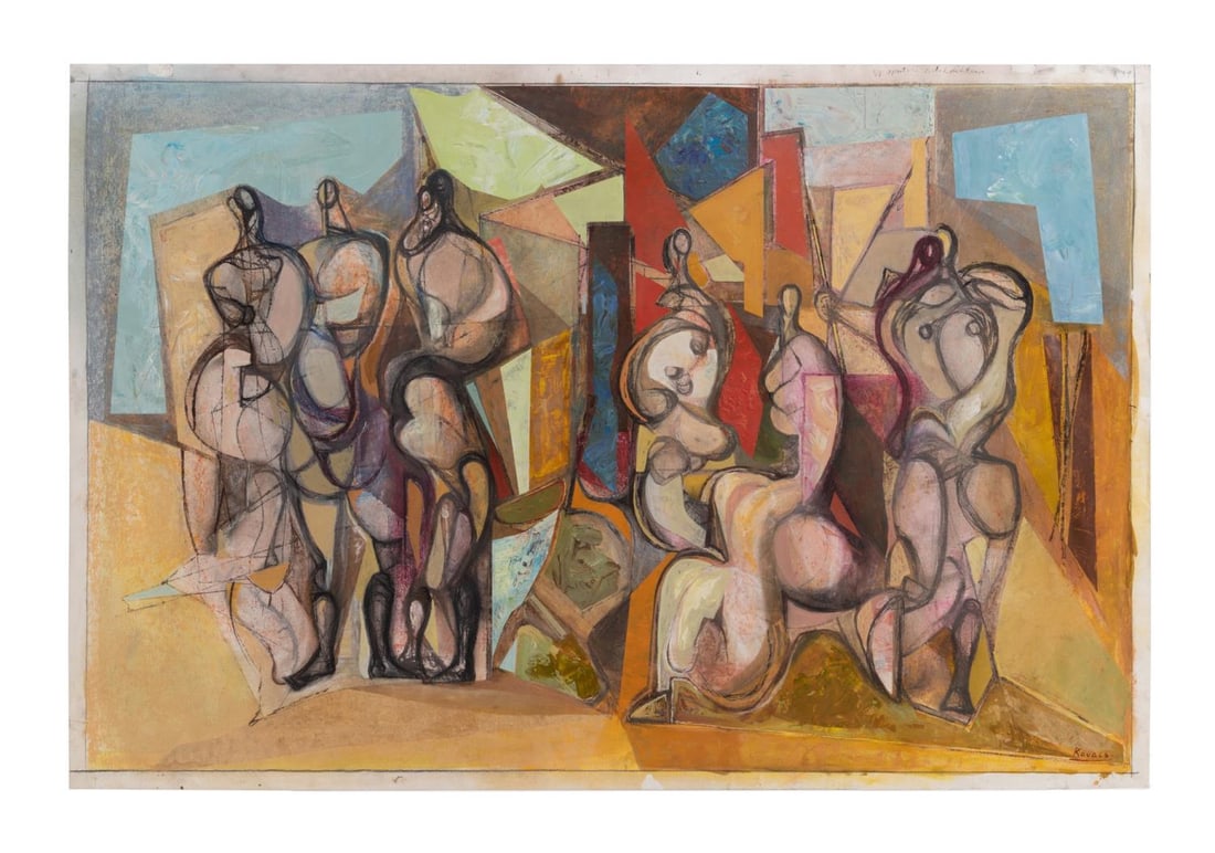 ARPAD KOVACS, 'SPORTSMAN FREE AFTERNOON' MM/P: Arpad Kovacs (Romania b.1948), 'Sportsman Free Afternoon', mixed media on paper, depicting several abstract figures on an abstracted background, signed to lower right, inscribed to upper right, unfram