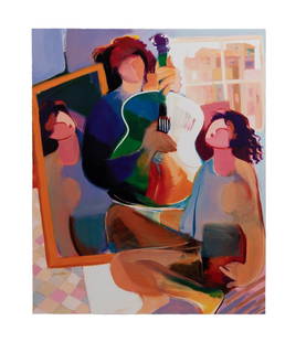 HESSAM ABRISHAMI 'GUITAR & FRIENDS' OFFSET LITHO: Hessam Abrishami (Iranian/American b. 1951), 'Guitar and Friends', offset lithograph, depicting a bright colored scene of three abstract figures and a guitar, signed to lower left, editioned to lower