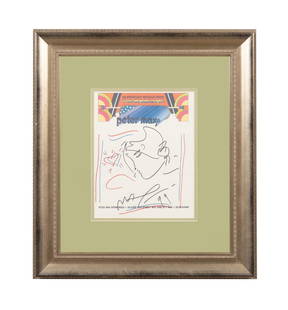 PETER MAX PERSONAL STATIONARY, FRAMED INK SKETCH: Peter Max (American b1937), Untitled, 1999, ink on Peter Max letterhead or stationary, depicting a female head with curly hair, surrounded by double lines in blue and red and hearts, signed and dated