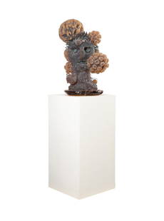 HANK ADAMS 'CLACKER' ART GLASS BUST SCULPTURE 1997: Hank Murta Adams (American b. 1956), 'Clacker', 1997, cast glass, painted copper, and mixed media bust form sculpture, signed and dated to metal plate en verso. Approximate dimensions: sculpture h. 30