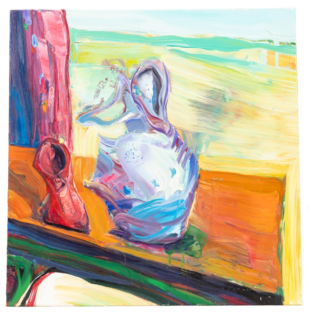 ROBERT JESSUP 'BLUE PITCHER' OIL ON CANVAS: Robert Jessup (American b. 1952), 'Blue Pitcher' oil on canvas, 2011, depicting an bright abstracted scene of a pitcher on a window sill, signed, titled and dated en verso, unframed. All proceeds from