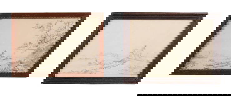 TWO SMALL DUTCH DRAWINGS, 19TH. CENTURY: Two Small Dutch Drawings, pencil on paper, 19th century, one depicting a boy with animals on the banks of a river and one depicting several figures in the water and a few crossing a low bridge, one si