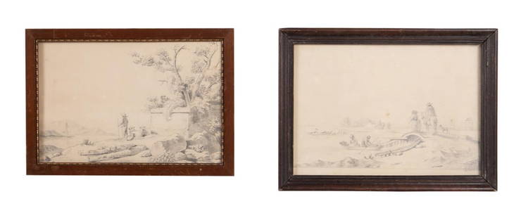 TWO SMALL DUTCH DRAWINGS, 19TH. CENTURY: Two Small Dutch Drawings, pencil on paper, 19th century, one depicting a boy with animals on the banks of a river and one depicting several figures in the water and a few crossing a low bridge, one