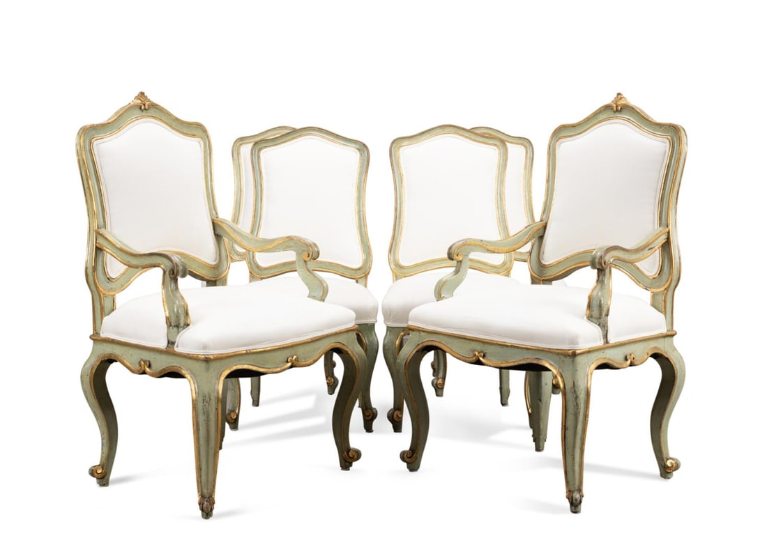 6 VENETIAN STYLE PAINTED PARCEL GILT DINING CHAIRS (1 of 9)