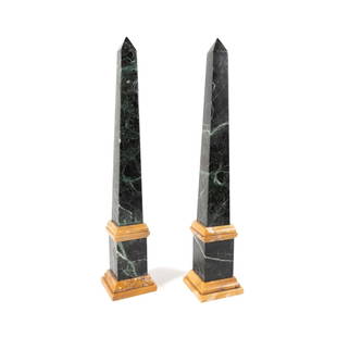 PAIR GRAND TOUR TYPE MIXED MARBLE OBELISKS: Pair of Italian Grand Tour type obelisks, 19th/20th century, composed of Verde Anticoo and Sienna marble, Blatchpack Ltd. moving label to the underside of one, otherwise apparently unmarked. Provenanc