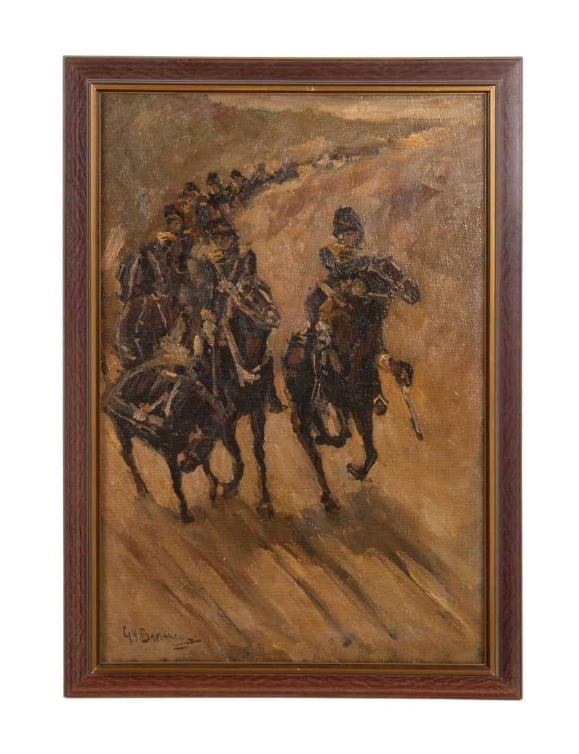 GEORGE H. BREITNER 'STUDY FOR YELLOW RIDERS' OC: George Hendrik Breitner (Dutch 1857-1923), 'Study for The Yellow Riders,' oil on canvas, depicting mounted calvary following in line, signed to lower left, framed. 'The Yellow Riders' is currently in