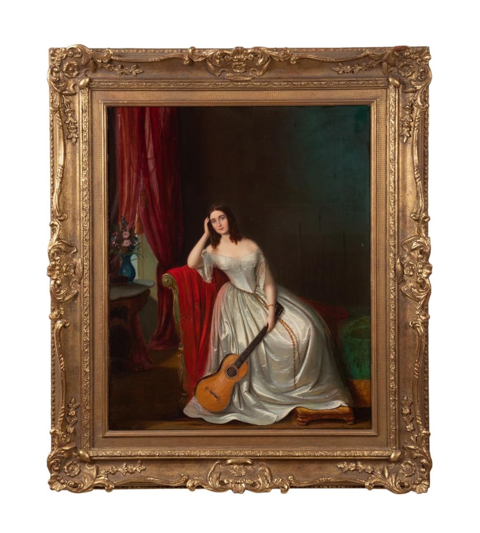 HANS BEBIE, LADY WITH A GUITAR, OIL ON CANVAS: Hans Heinrich Bebie (Swiss 1824-1888), 'Lady In Fine White Gown With Guitar', oil on canvas, full length portrait depicting a lady seated on a recamier with guitar in an interior, signed to front of f