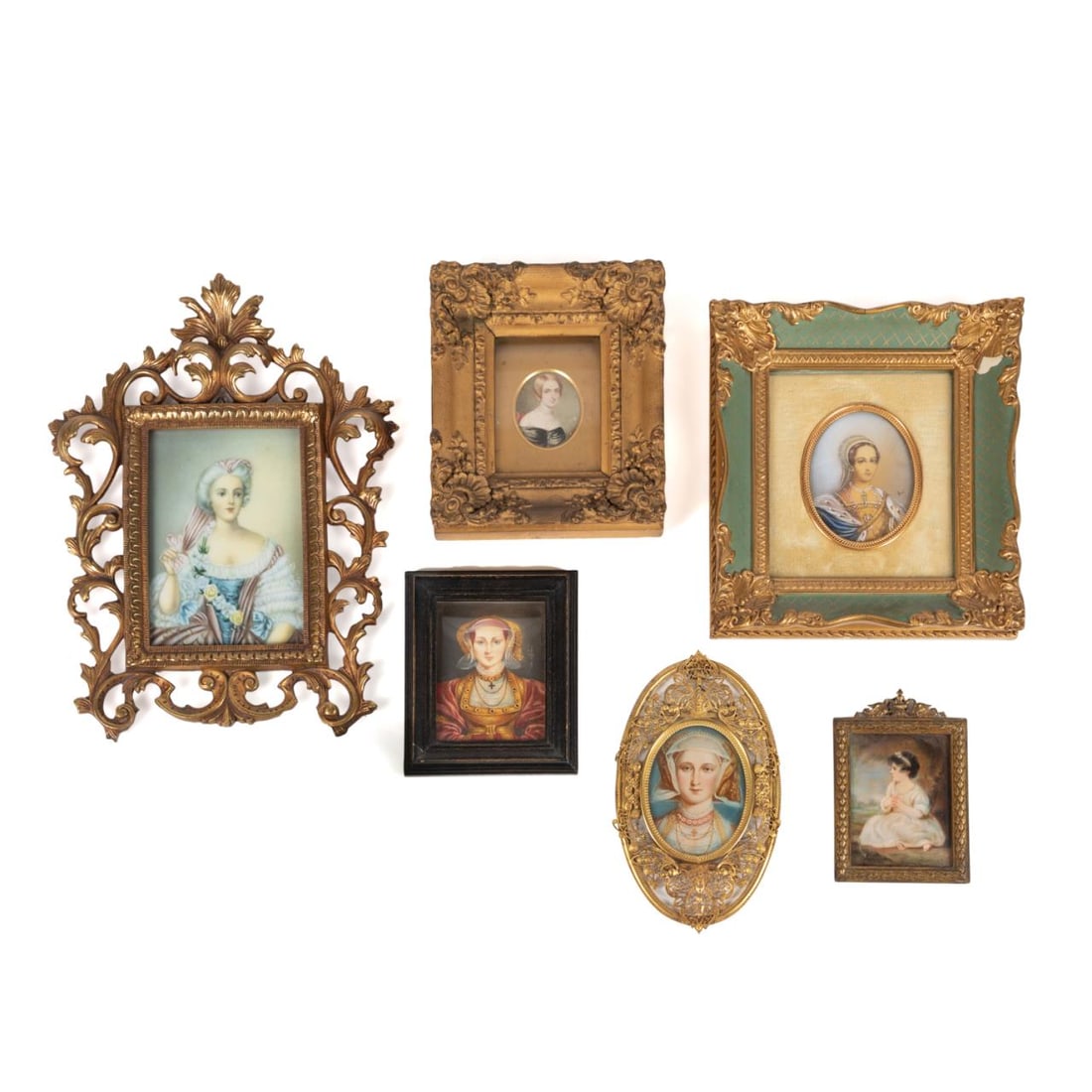 SIX 19TH/20TH C. EUROPEAN PORTRAIT MINIATURES: Six piece collection of European School oil on bone portrait miniatures, early 19th to early 20th century, comprising two portraits of Anne of Cleves after Hans Hobelin the Younger (German/Swiss 1497-