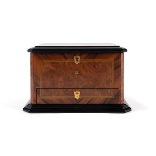 REUGE MUSIC SWISS 5 CYLINDER TABLETOP MUSIC BOX: Reuge Music Swiss five cylinder square tabletop music box in walnut and burl walnut veneers with ebonized trim, the mechanism having 50 notes and five interchangeable brass cylinders playing 50 lames