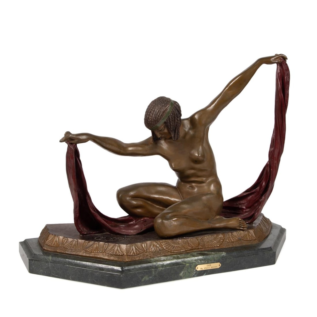 CLAIRE COLINET, 'ISIS', ART DECO BRONZE SCULPTURE: After Claire Jeanne Roberte Colinet (Belgian/French 1850-1950), 'Isis,' patinated cold painted bronze, Art Deco Egyptian Revival sculpture depicting a kneeling nude female with shawl, signed in mold t