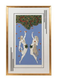 ERTE, 'ADAM & EVE', FRAMED COLOR & FOIL SERIGRAPH: Romain de Tirtoff Erte (Russian/French 1892-1990), 'Adam & Eve', 1982, serigraph on paper depicting two figures with apples and a serpent in the tree, pencil signed to lower right and numbered