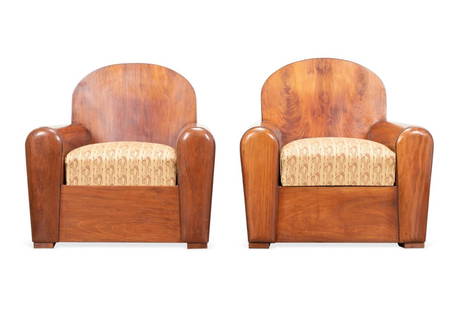 PAIR FRENCH ART DECO STYLE MAHOGANY CLUB CHAIRS: Pair of French Art Deco upholstered mahogany club chairs, each having a curved back, rounded arms, and a patterned upholstered seat, apparently unmarked. Approximate dimensions: h. 38.25", w.