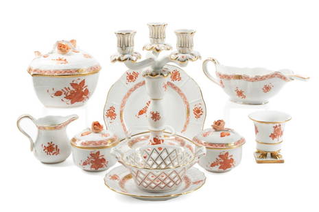 11PCS HEREND 'CHINESE BOUQUET' TABLE ARTICLES: Eleven piece set of Herend (Hungarian 1826), mainly 'Chinese Bouquet' or 'Apponyi' rust (pattern introduced 1930), table article comprising, two covered sugar bowls (3.25"), and one cream jug