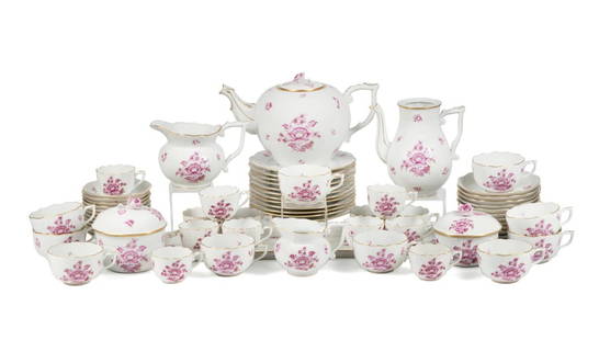 66PCS HEREND 'NANKING BOUQUET' DESSERT SERVICE: 66 piece Herend (Hungarian 1826), 'Nanking Bouquet' pink dessert service comprising, twelve dessert plates (7.25"), ten flat tea cups (2"), twelve tea saucers (5.5"), eleven small coffee cups