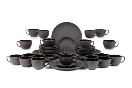 52PCS WEDGWOOD 'BASALT BLACK' PART DESSERT SERVICE: 52 piece Wedgwood (English 1759), 'Basalt Black' (pattern introduced circa1960) part dessert service comprising, 16 coupe luncheon/dessert plates (dia. 8.75"), 19 teacups (h. 2.25"), and 19 saucers,