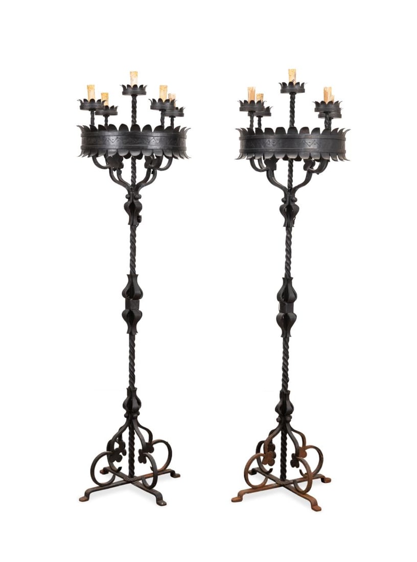 PAIR MIZNER STYLE WROUGHT IRON FLOOR TORCHIERES (1 of 9)