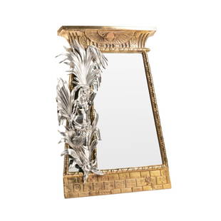 EGYPTIAN REVIVAL BRASS & SILVERPLATE TABLE MIRROR: Egyptian Revival cast brass table top mirror decorated with Egyptian iconography, having an applied silverplate female figure set amongst palms, and beveled plate, apparently unmarked. Approximate dim