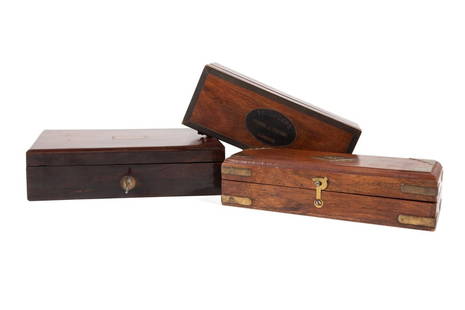 THREE 19TH C. WOODEN BOXES W/ GENTLEMEN'S TOOLS: Three 19th century mahogany boxes containing gentlemen's tools, comprising a Thomas J. Evans brass telescope in a box with brass fittings and lined with green felt, both box and telescope marked; a Th