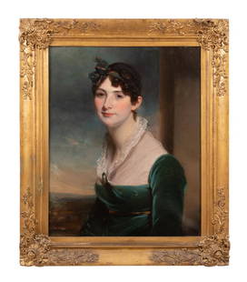 19TH CENT. ENGLISH SCHOOL 'PORTRAIT OF A LADY' OC: English School, 'Portrait of a Lady', 19th Century, oil on canvas, depicting a portrait of a woman wearing a green dress with lace collar amongst a landscape background, apparently unsigned, in a gilt