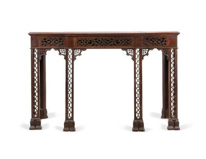 CHINESE CHIPPENDALE MAHOGANY CONSOLE, C. 1900: English mahogany console table in the Chinese Chippendale taste, circa 1900, having a projecting front with pierced apron, and rising on straight pierced legs, apparently unmarked. Approximate dimensi