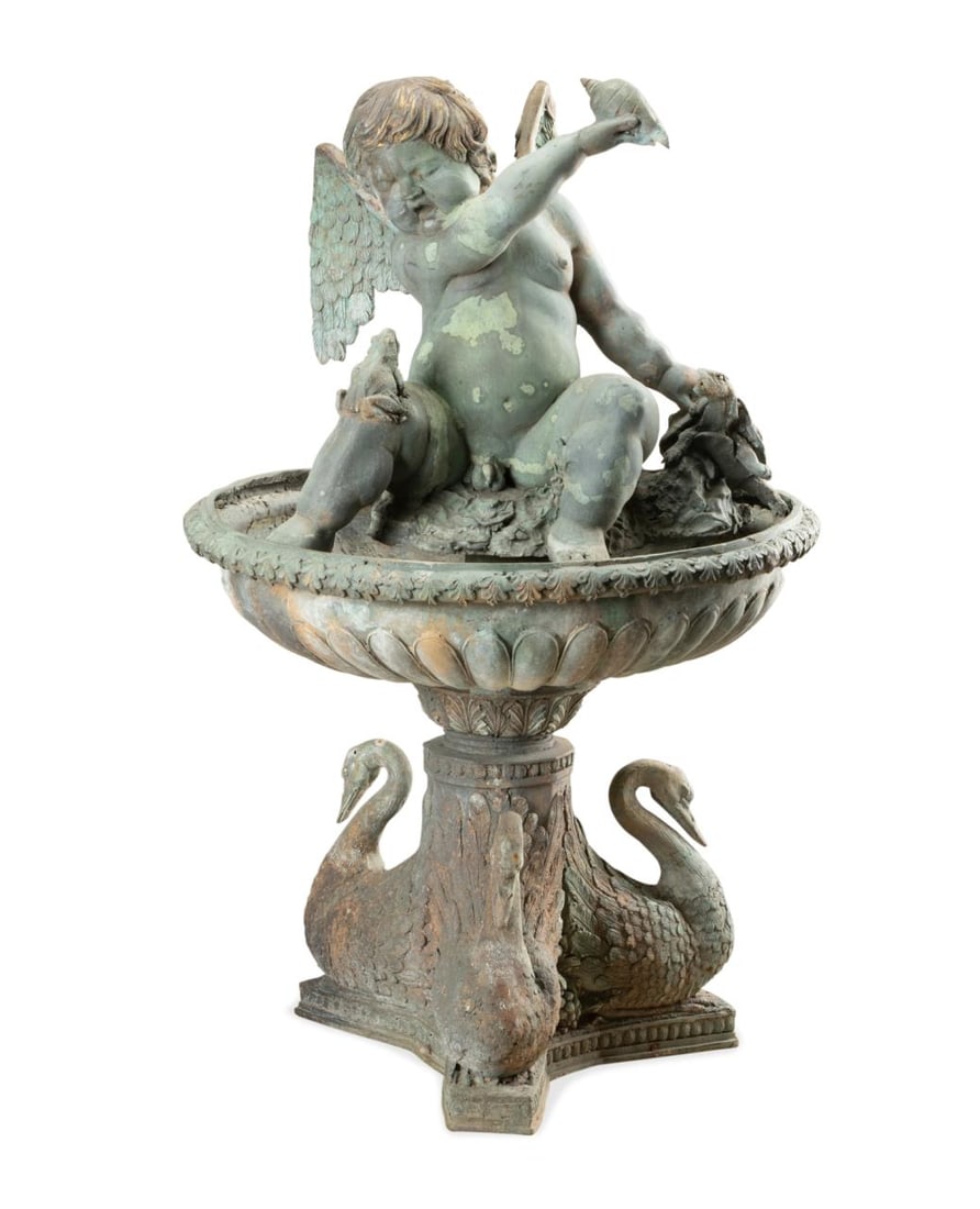 BRONZE CHERUB FOUNTAIN ON SWAN BASE (1 of 9)