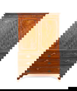 19TH C. ENGLISH GEORGE III MAHOGANY LINEN PRESS: English George III Chippendale mahogany linen press, 19th century, having a shaped cornice above double paneled doors, two short drawers above two graduated drawers, and rising on block feet, apparent