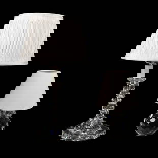 TWO RALPH LAUREN COLORLESS CRYSTAL TABLE LAMPS: Two Ralph Lauren colorless crystal table lamps comprising a lamp with faceted stem and a 'Daniela' lamp with faceted spherical body, both with shades, and appropriately marked. Approximate dimensions: