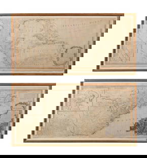 2PC L. 18TH C. THOMAS POWNALL, MAP OF N. AMERICA: Thomas Pownall (English 1772-1805), 'A New Map Of North America, With the West India Islands', circa late 18th century, hand colored engraving on paper, framed in two parts. Approximate dimensions: pa