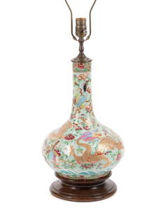 CHINESE FAMILLE ROSE CELADON BOTTLE VASE LAMP: Chinese Export Famille Rose celadon ground porcelain bottle vase, now mounted as a lamp, decorated with florals, Bogu (precious objects and antiques), butterflies, Buddhist guardian lions, and dragons