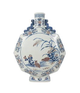 LARGE CHINESE BLUE AND WHITE IRON RED MOON FLASK: Chinese blue, white, and iron red octagonal form porcelain moon flask, having scrolling handles, decorated with lotuses, and reserves depicting birds in flowering gardens, Yongzheng type seal mark to