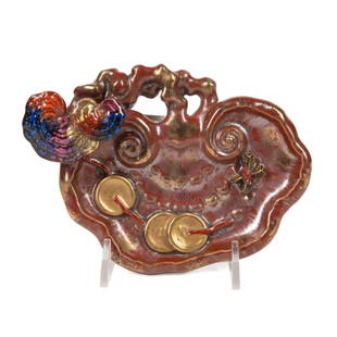 CHINESE LINGZHI AND COIN BRUSH WASHER: Chinese lingzhi and coin brush washer in rust glaze with gold accents, molded as a large lingzhi sacred fungus with a smaller fungus branching from the left, the shallow bowl holding lucky coins, havi