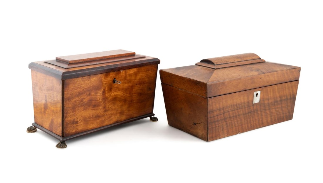 TWO 19TH C. REGENCY SARCOPHAGUS FORM TEA CADDIES (1 of 7)