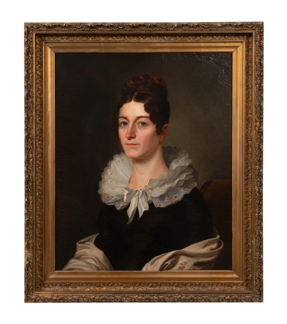 JOHN VANDERLYN 'PORTRAIT OF MARIA WYNKOOP,' O/C: John Vanderlyn (American 1775-1852), 'Portrait of Maria P. Ruehl Wynkoop,' oil on canvas, depicting a seated woman in a dark dress with a large lace collar, apparently unsigned, label with sitter's na