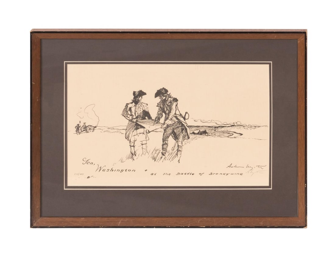 ANDREW WYETH 'GEN. WASHINGTON...' LITHO: Andrew Wyeth (American 1917-2009), 'Gen. Washington at the Battle of Brandywine,' lithograph, depicting General Washington and another military man with more troops and a home in the background, signe