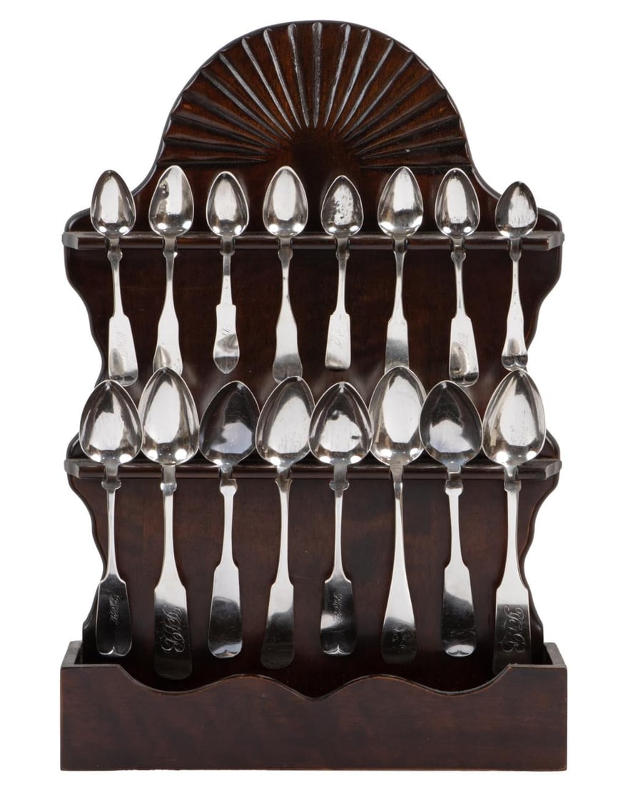 16PC 19TH C. AMERICAN COIN SILVER SPOONS AND RACK (1 of 12)