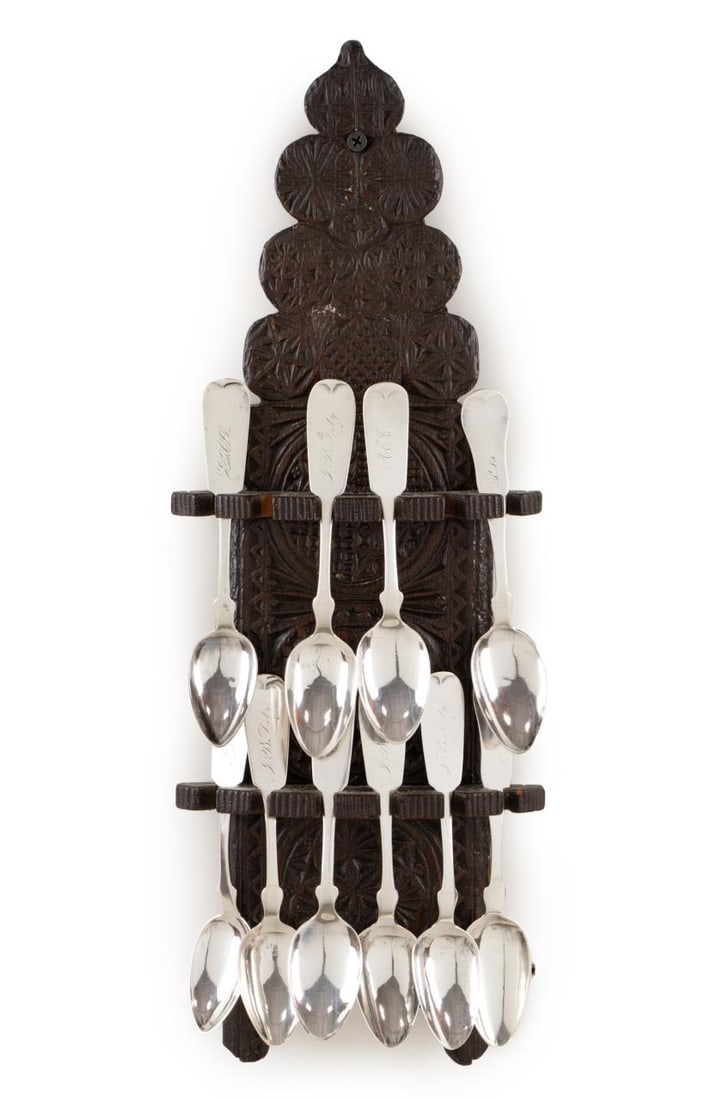 10PC 19TH C. AMERICAN COIN SILVER SPOONS AND RACK (1 of 11)