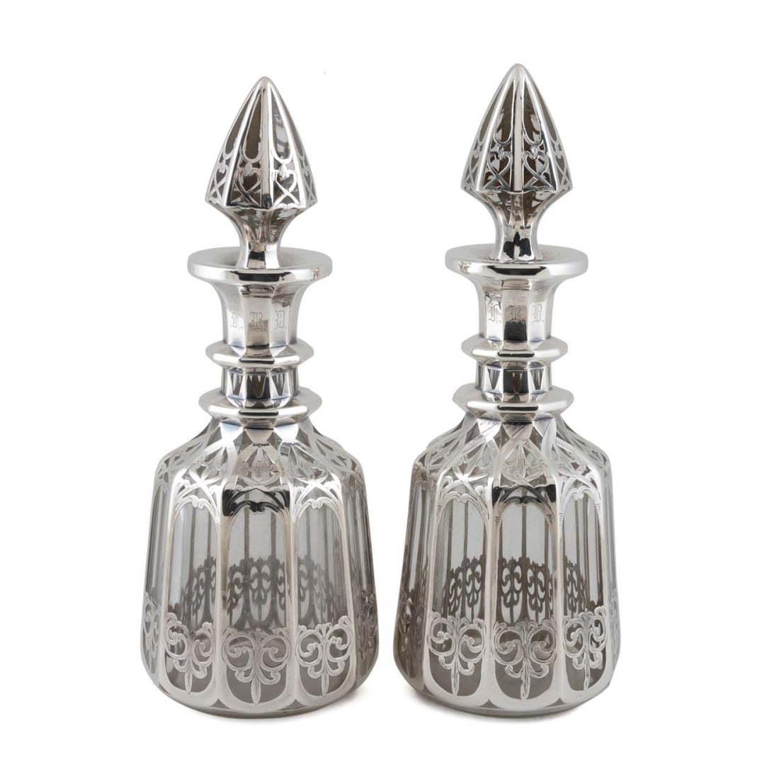 PAIR SILVER OVERLAY GLASS DECANTERS, C. 1900 (1 of 7)