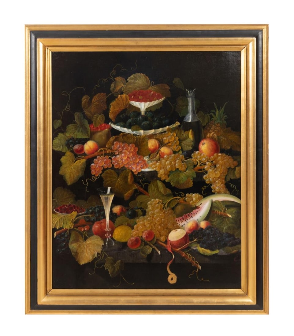 MANNER OF SEVERIN ROESEN 'FRUIT FLORAL STILL LIFE': Manner of Severin Roesen (German / American, 1815-1872), 'Fruit and Floral Still Life', oil on canvas, depicting a multi tiered assortment of fruit, leaves, and wine set against a dark background, app
