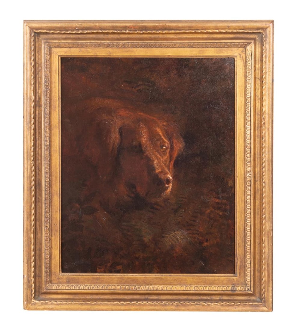 A. HANDERSON THAYER 'DOG' 1874 OIL ON MASONITE: Abbott Handerson Thayer (American 1849-1921), 'Dog', 1874, depicting the head of a dog with a dark floral foreground and background, signed and dated to lower right, framed. Various paper labels to ve