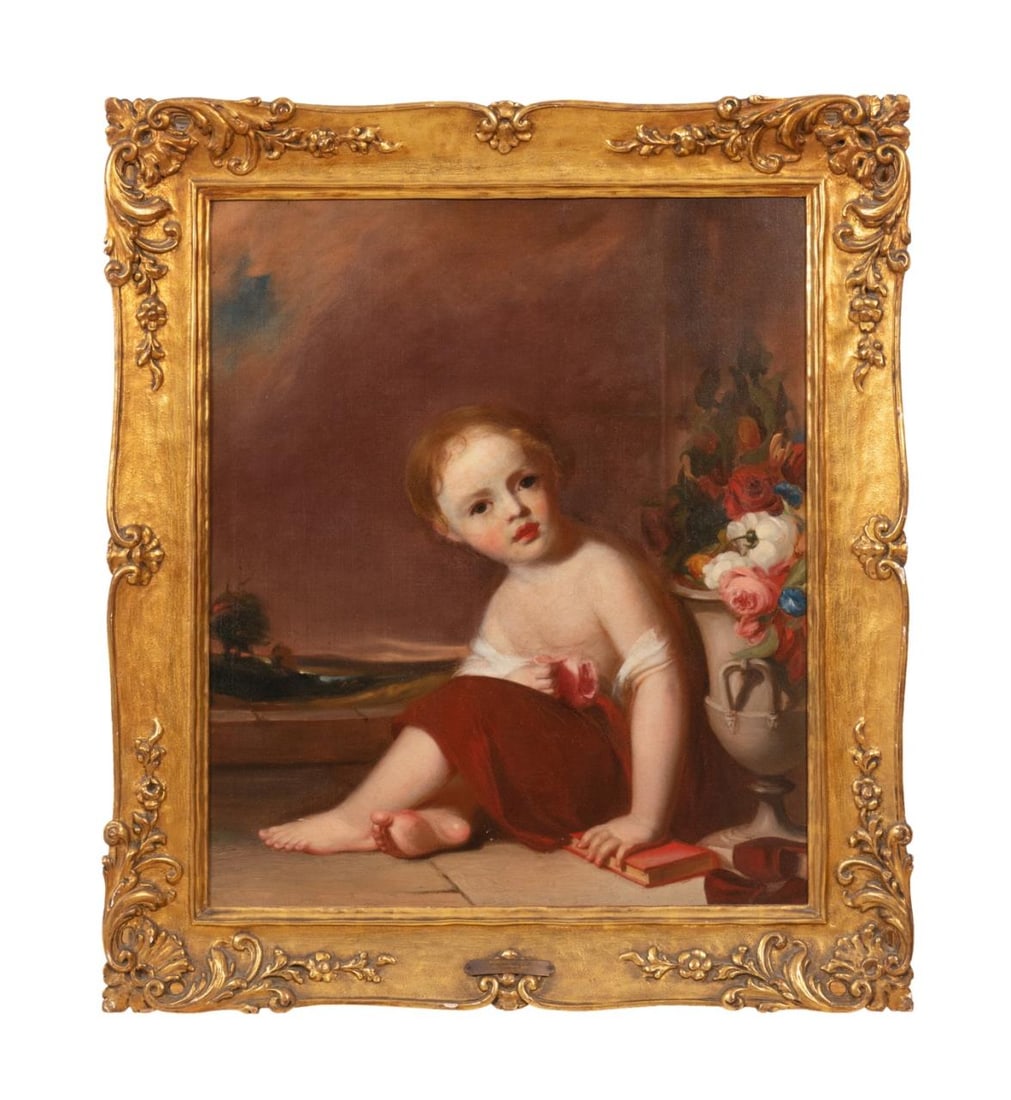 THOMAS SULLY 'PORTRAIT OF A CHILD' O/C: Thomas Sully (American / English 1783-1872), 'Portrait of a Child', oil on canvas, depicting a seated child next to an urn with flowers, signed with initials 'ES' and dated indistinctly 18** to lower