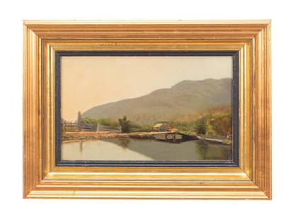 T. WORTHINGTON WHITTREDGE 'THE OLD BRIDGE' OIL: Thomas Worthington Whittredge (American 1820-1910), 'The Old Bridge', oil on paper laid to canvas, depicting a small wooden bridge with a farm and mountains in the background, possibly the Catskills,