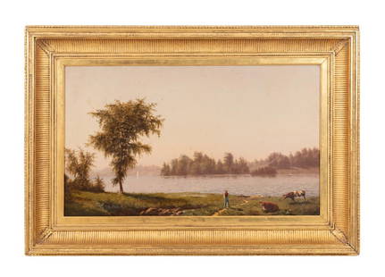 JOHN WILLIAMSON 'HUDSON RIVER' OIL ON CANVAS, 1865: John Williamson (American, 1826-1885), 'Hudson River', 1865, oil on canvas depicting a fisherman with cattle on the riverbank and a sailboat in the background, signed and dated en verso, initialed and
