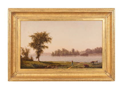 JOHN WILLIAMSON 'HUDSON RIVER' OIL ON CANVAS, 1865: John Williamson (American, 1826-1885), 'Hudson River', 1865, oil on canvas depicting a fisherman with cattle on the riverbank and a sailboat in the background, signed and dated en verso, initialed and